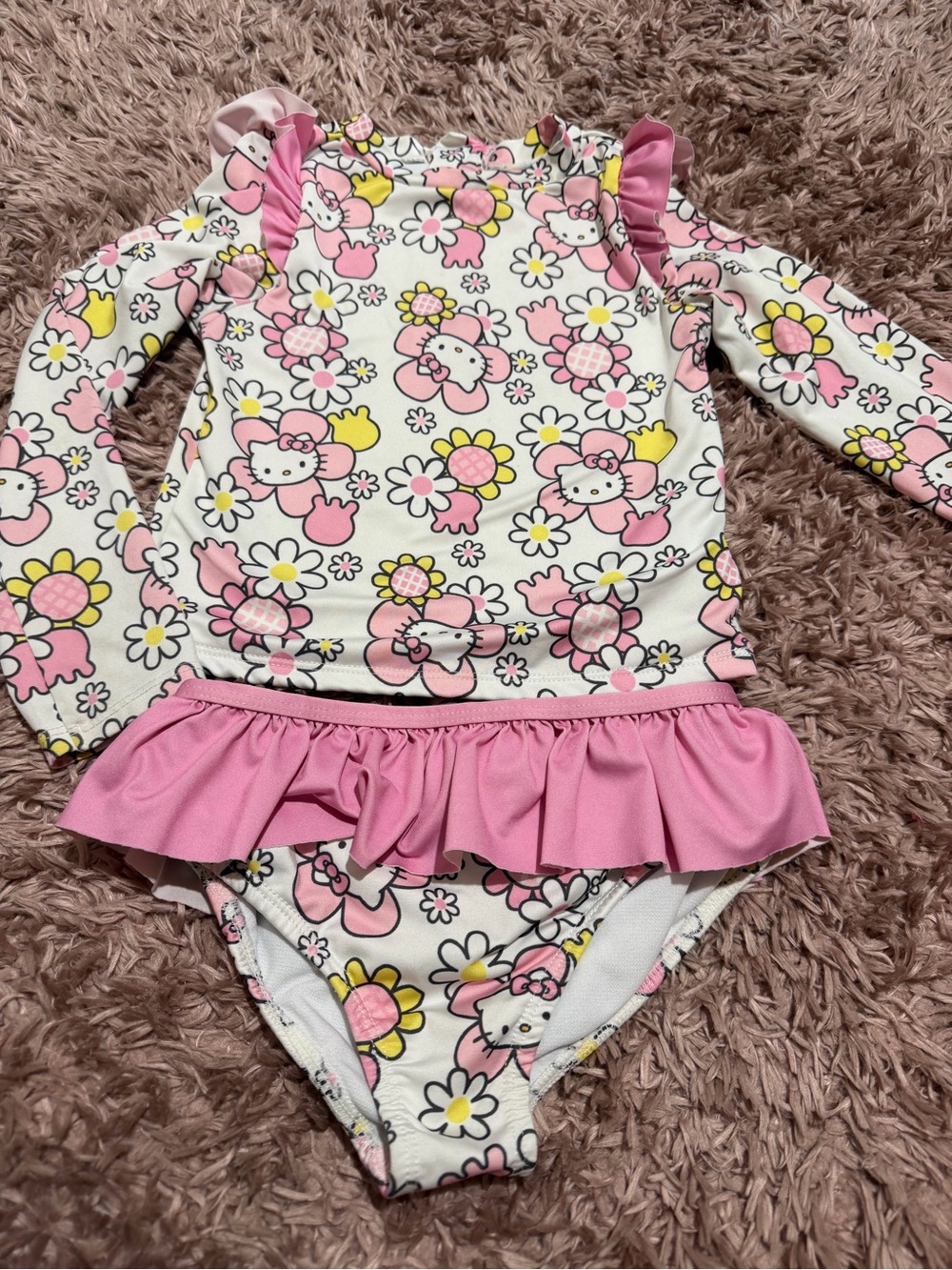 Hello Kitty White Pink Floral Ruffle Rashguard Swim Set